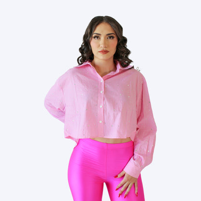 Camisa rayas croptop brillos rosa