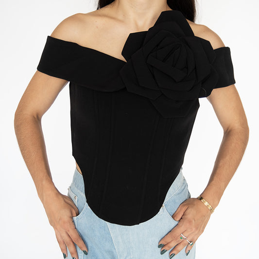 Top corset con flor removible negro